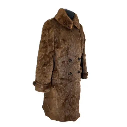 Side view of a stunning brown faux fur coat