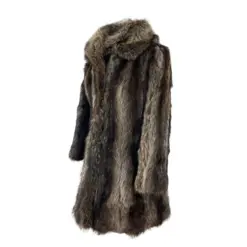 Genuine raccoon fur jacket in rich brown color, front view