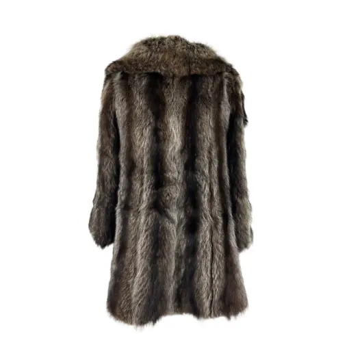Side view of a genuine raccoon fur jacket, showcasing its silhouette