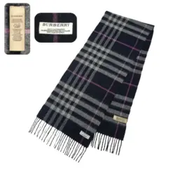 Giant Check 100% Cashmere Burberry Scarf for Women in Black with Fringe and Plaid Pattern