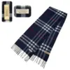 Original Nova Check Navy Blue Women Burberry Scarf with Fringed Edges and Burberry Logo