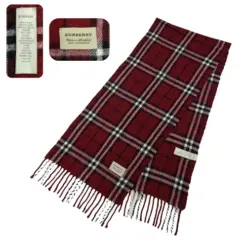 Maroon Burberry Nova Check Scarf made from 100% cashmere, featuring the iconic plaid pattern. Pre-owned and in excellent condition.