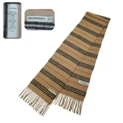 Burberry Genuine Vintage Camel Brown Women’s Striped Cashmere Scarf with fringe accents