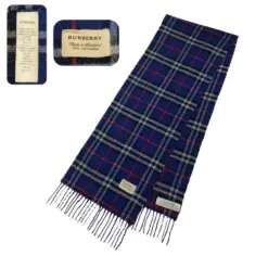Royal Blue Burberry Cashmere Scarf with Vintage Plaid Pattern and Fringes, Pre-Owned and in Excellent Condition