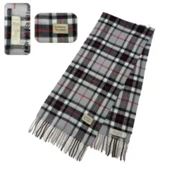 Giant Check White Grey Burberry Vintage Cashmere Scarf with fringe accents and Burberry logo, made in Scotland, 56" x 12", 100% cashmere.