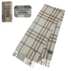 Vintage Burberry 100% cashmere ivory plaid scarf for women with fringe accents