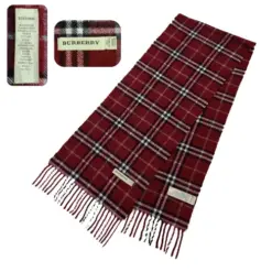 Vintage Classic Burberry Check Plaid Winter Scarf in ruby-red cashmere with classic check pattern, pre-owned luxury accessory.