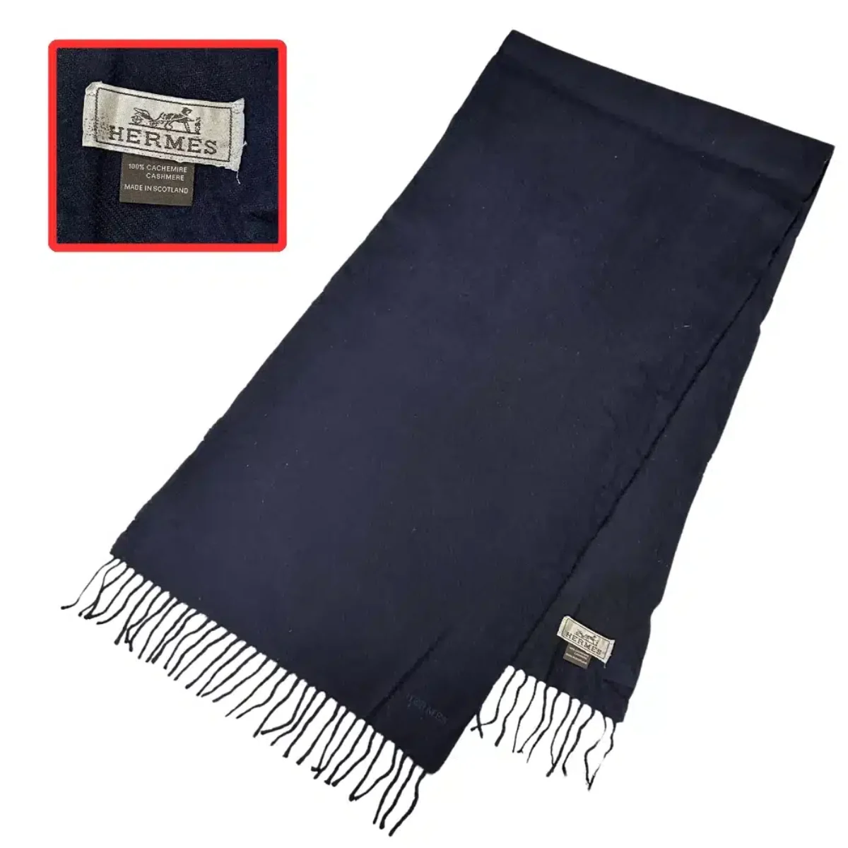 HERMES Vintage 100% Cashmere Navy Blue Scarf - Real Cornor