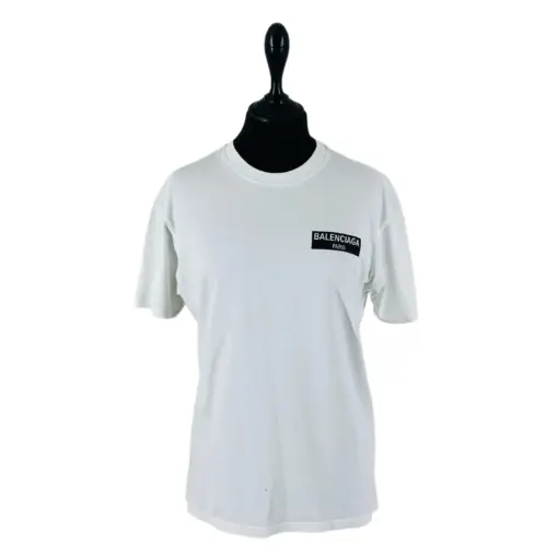 White Balenciaga Paris Men's Short Sleeve T-Shirt - Pre-owned, 100% Cotton, Regular Fit