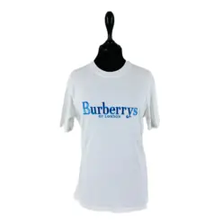 Authentic Blue Logo Print Short Sleeve Crewneck Men’s Cotton Burberry White T-Shirt