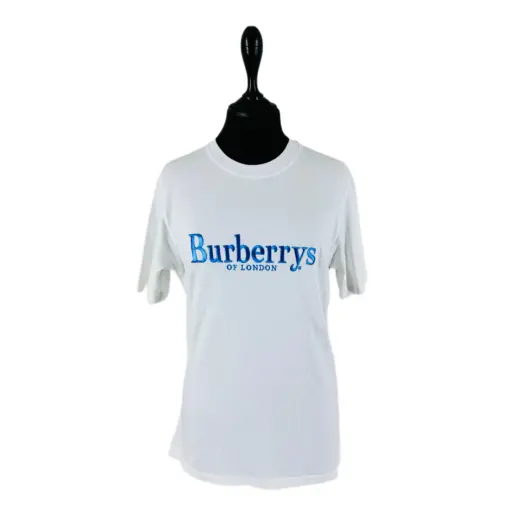 Authentic Blue Logo Print Short Sleeve Crewneck Men’s Cotton Burberry White T-Shirt