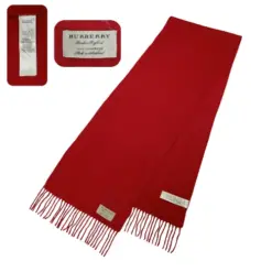 Luxurious maroon Burberry logo-embroidered 100% cashmere plain scarf for women, featuring fringes and classic design.
