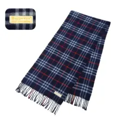 Luxurious navy blue Burberry vintage cashmere scarf with Nova Check pattern and fringe.