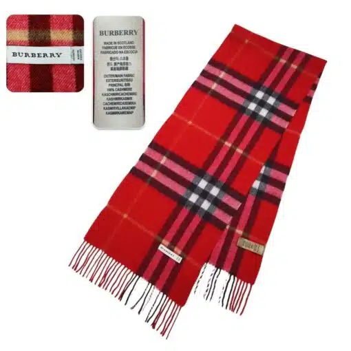 Burberry Cashmere Red Vintage Scarf from Real Cornor, a luxurious pre-owned accessory made from 100% cashmere featuring the classic Nova Check pattern.