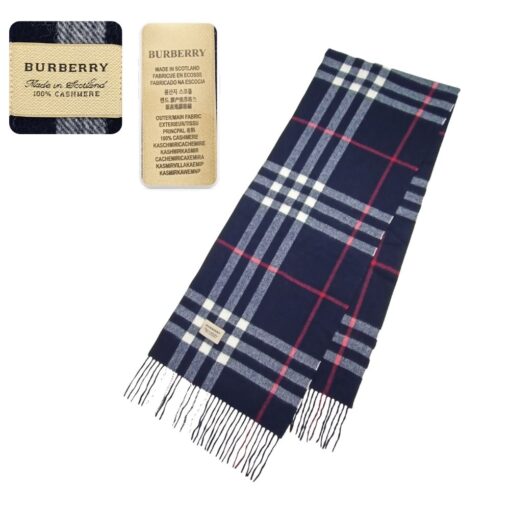 Elegant Burberry Cashmere Check Navy Blue Scarf, featuring classic check patterns, crafted from 100% cashmere, perfect for timeless style and warmth.