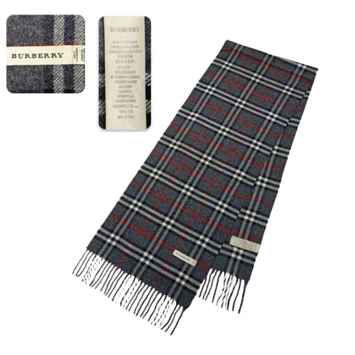 intage Burberry Luxury Cashmere Gray Scarf, pre-owned luxury cashmere scarf featuring the iconic Burberry check pattern, available at Real Cornor for timeless style and warmth.