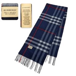 A pre-owned Burberry Luxury Cashmere Navy Blue Scarf featuring the classic check pattern in navy, with soft cashmere fabric and fringe accents.