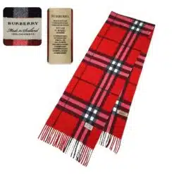 A vibrant red Burberry Giant Check Cashmere Scarf with the iconic oversized check pattern and fringed edges, showcasing timeless luxury.